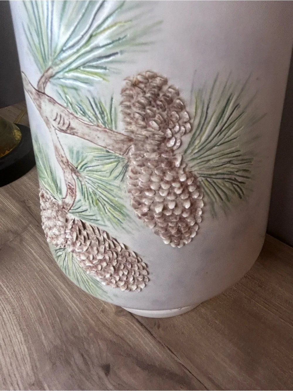 Vintage White Vase with Green and Brown Pinecone Design
